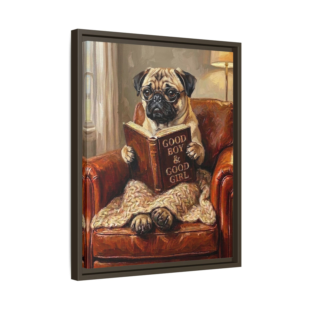 "Evening Read" - Pug Vertical Framed Canvas - Dog Lover Wall Art