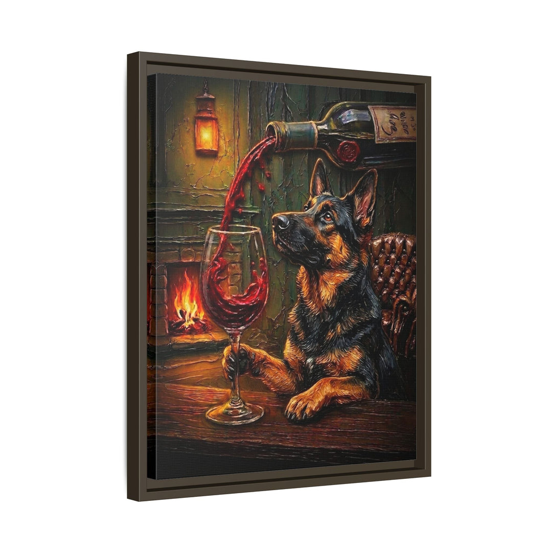 "Wine & Woof" - German Shepherd Vertical Framed Canvas - Dog Lover Wall Art