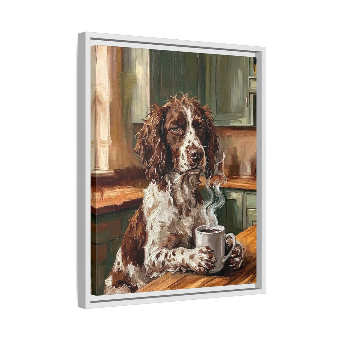 "Before Coffee" - English Springer Spaniel Vertical Framed Canvas - Dog Lover Wall Art