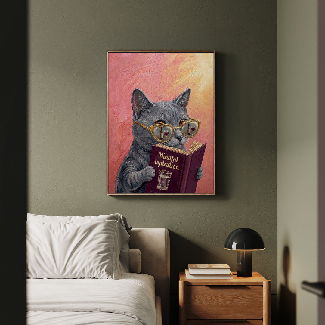 "Mindful Hydration" - Cat Vertical Framed Canvas - Animal Book Humor Wall Art
