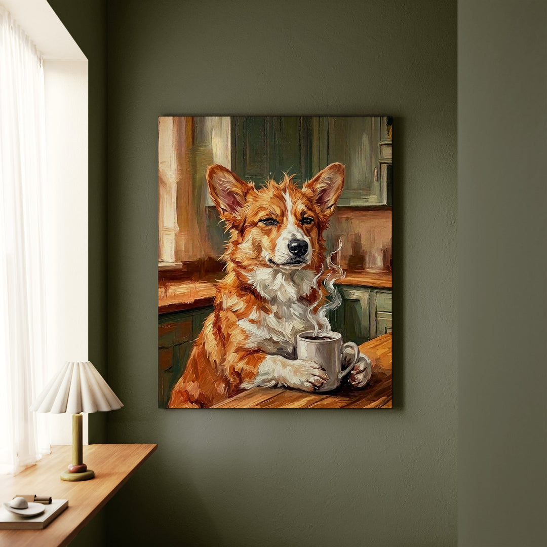 Corgi Before Coffee Canvas