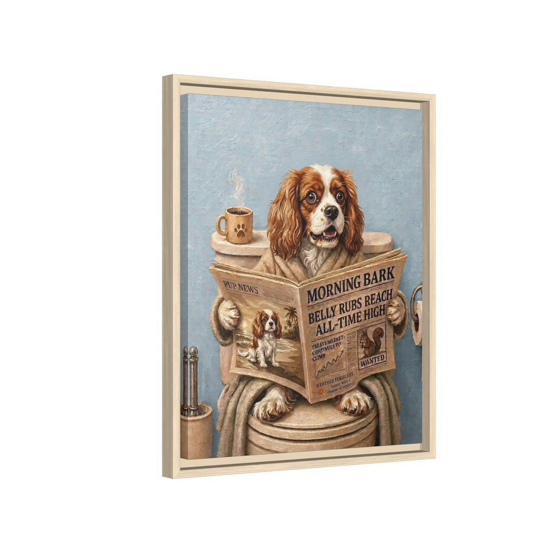 "Morning Business" - Cavalier King Charles Vertical Framed Canvas - Dog Lover Wall Art