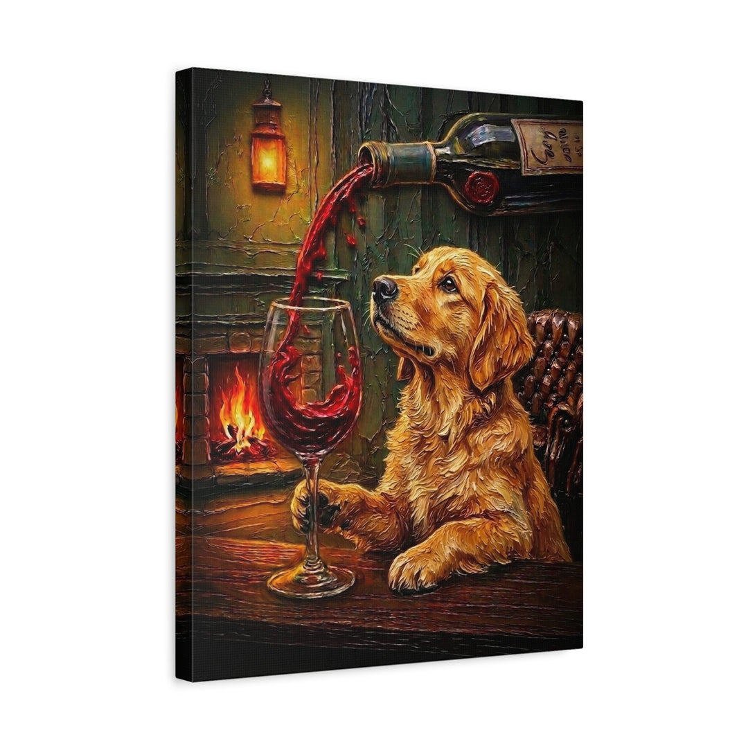 "Wine & Woof" - Golden Retriever Vertical Canvas - Dog Lover Wall Art