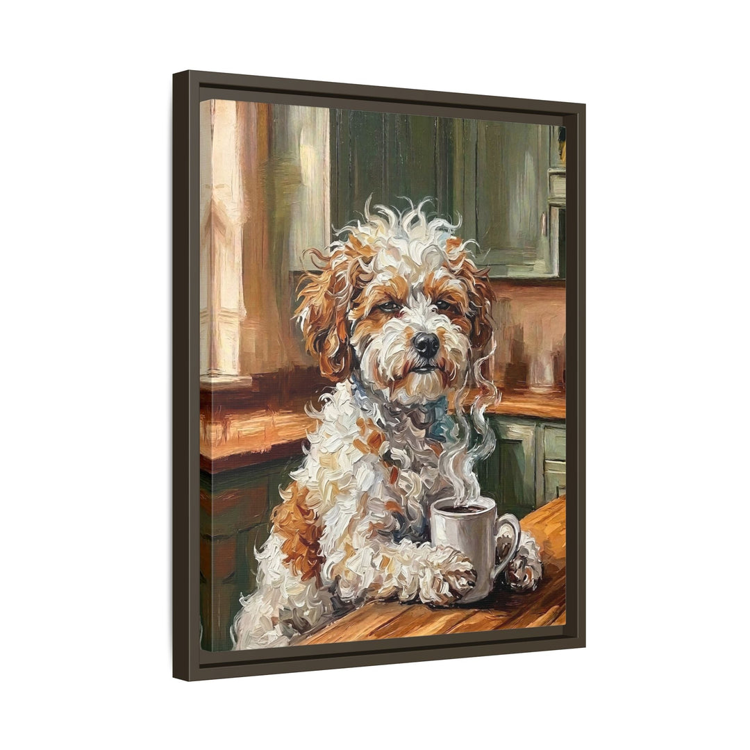 "Before Coffee" - Bichon Frise Vertical Framed Canvas - Dog Lover Wall Art