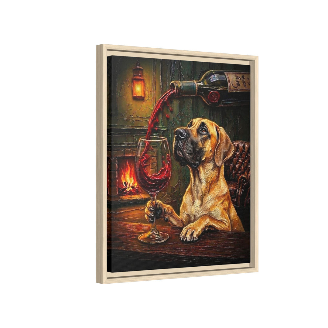 "Wine & Woof" - Great Dane Vertical Framed Canvas - Dog Lover Wall Art