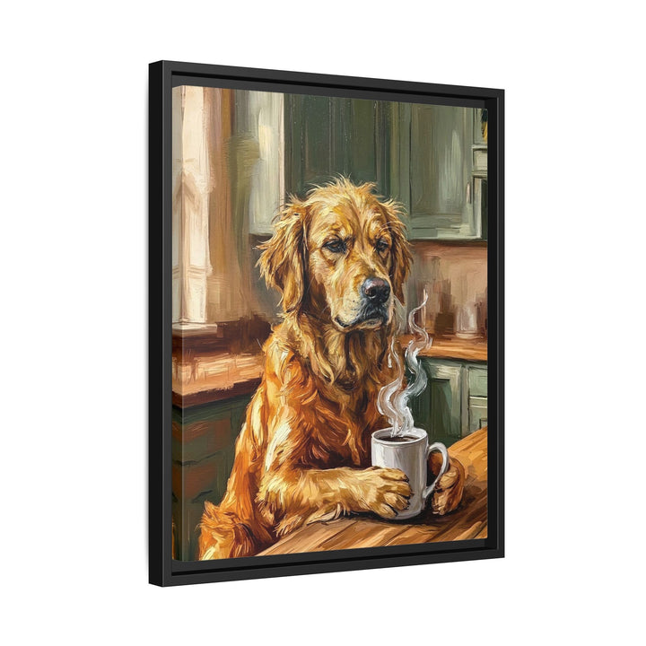 "Before Coffee" - Golden Retriever Vertical Framed Canvas - Dog Lover Wall Art
