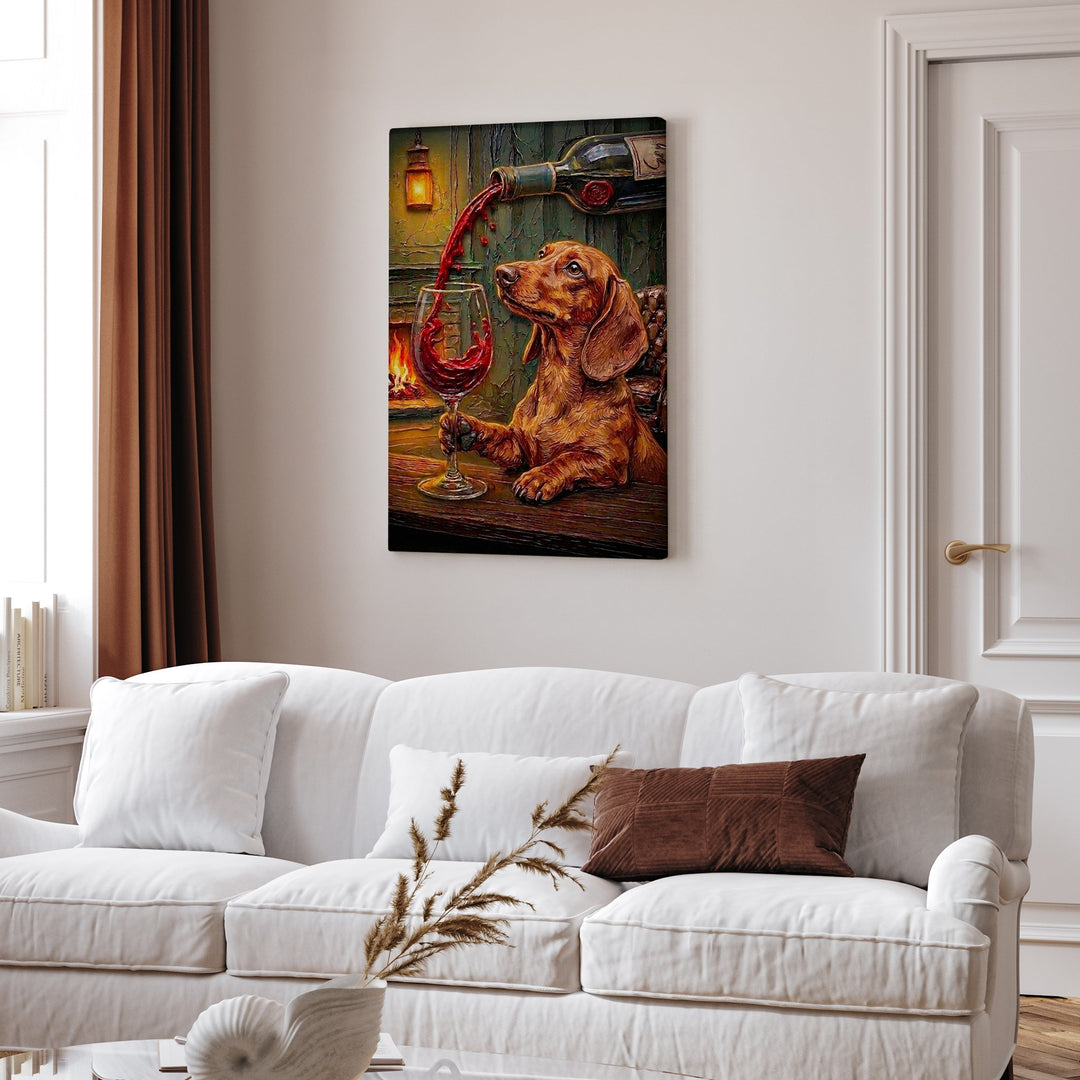 "Wine & Woof" - Dachshund Vertical Canvas - Dog Lover Wall Art