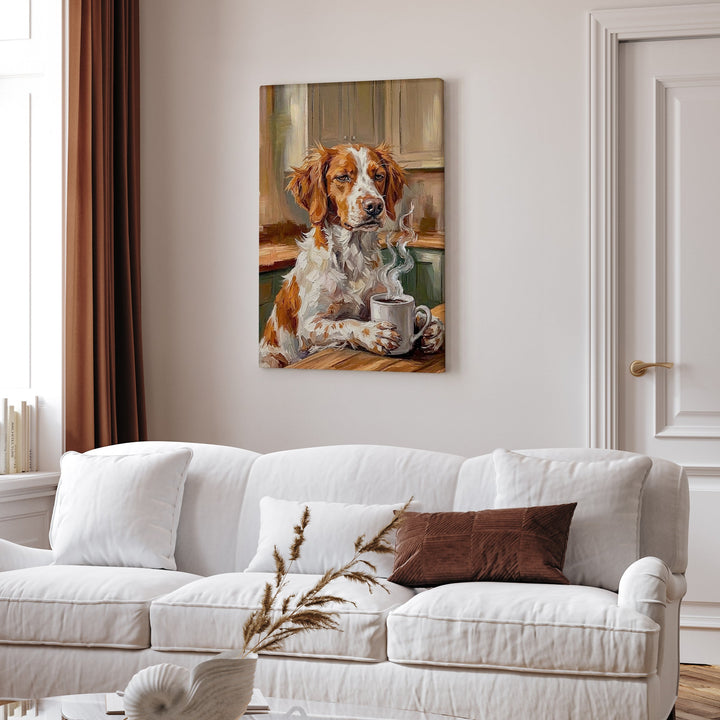 "Before Coffee" - Brittany Spaniel Vertical Canvas - Dog Lover Wall Art
