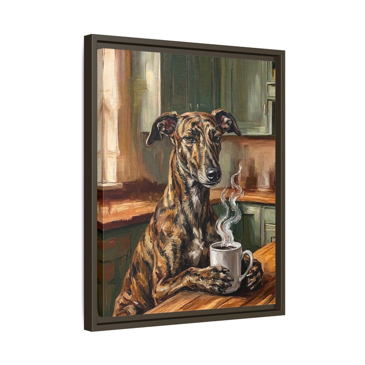 "Before Coffee" - Greyhound Vertical Framed Canvas - Dog Lover Wall Art