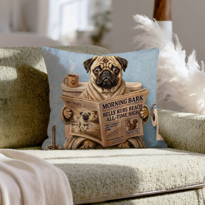 "Morning Business" - Pug Throw Pillow - Dog Lover Home Decor