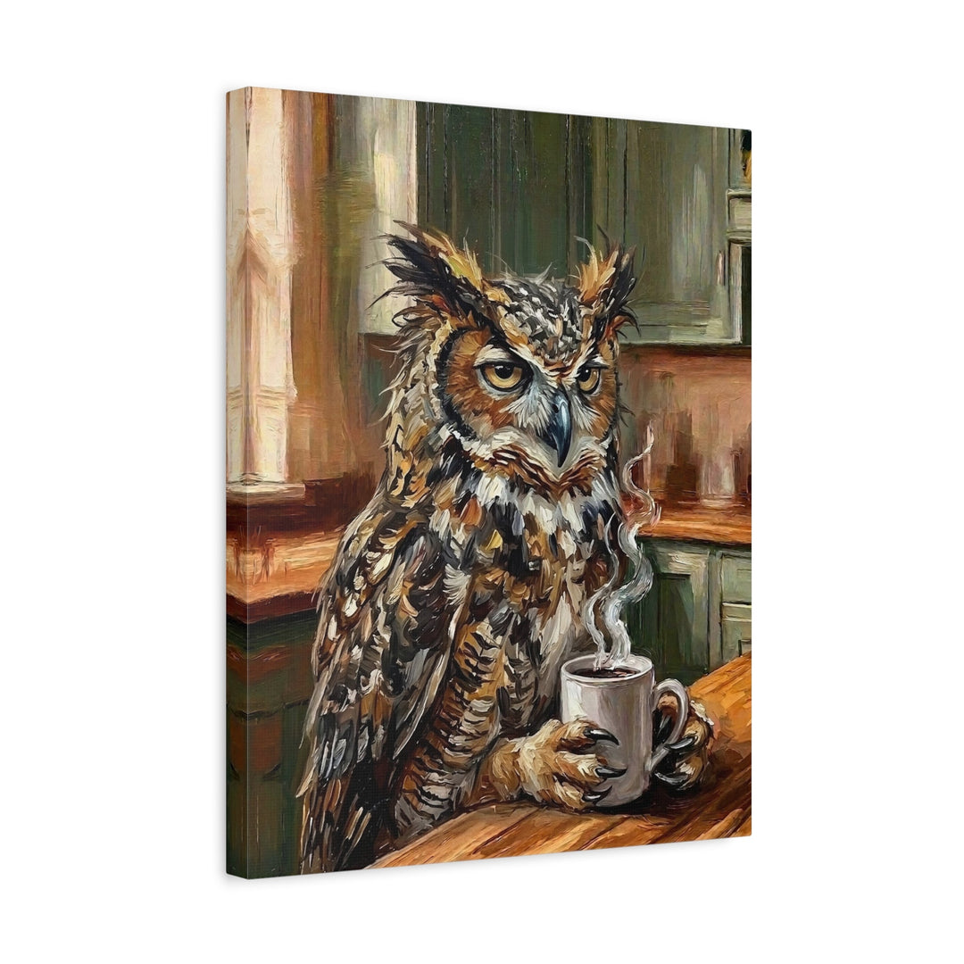 "Coffee & Silence" - Owl Vertical Canvas - Spirit Animal Wall Art