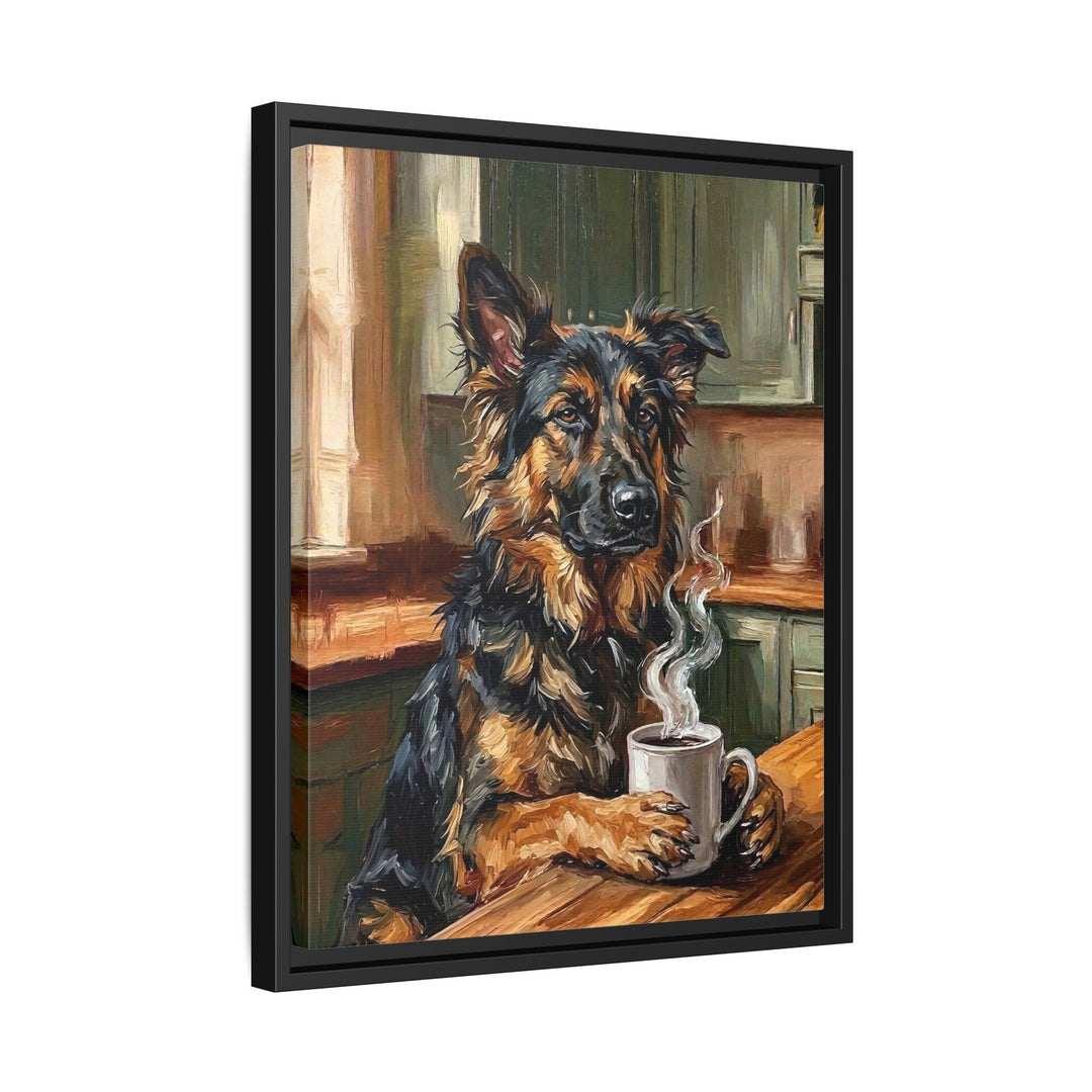 "Before Coffee" - German Shepherd Vertical Framed Canvas - Dog Lover Wall Art
