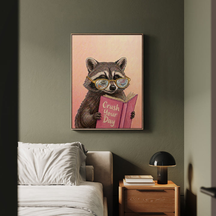 "Crush Your Day" - Raccoon Vertical Framed Canvas - Animal Book Humor Wall Art