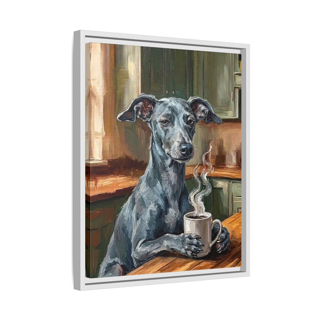 "Before Coffee" - Italian Greyhound Vertical Framed Canvas - Dog Lover Wall Art