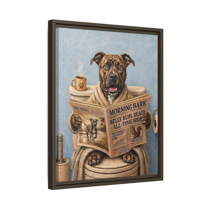 "Morning Business" - Pit Bull Vertical Framed Canvas - Dog Lover Wall Art