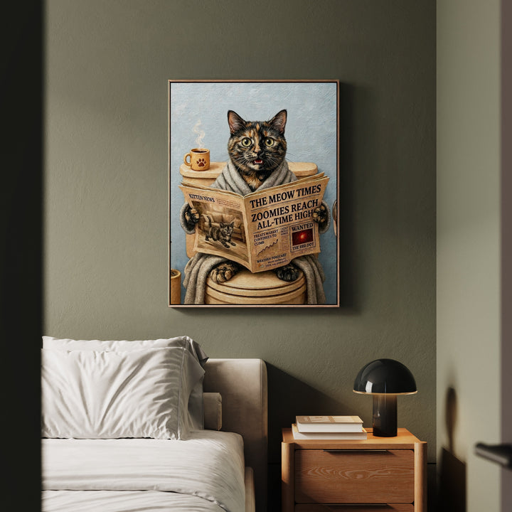 "Morning Business" - Tortoiseshell Vertical Framed Canvas - Cat Lover Wall Art
