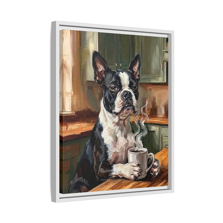 "Before Coffee" - Boston Terrier Vertical Framed Canvas - Dog Lover Wall Art