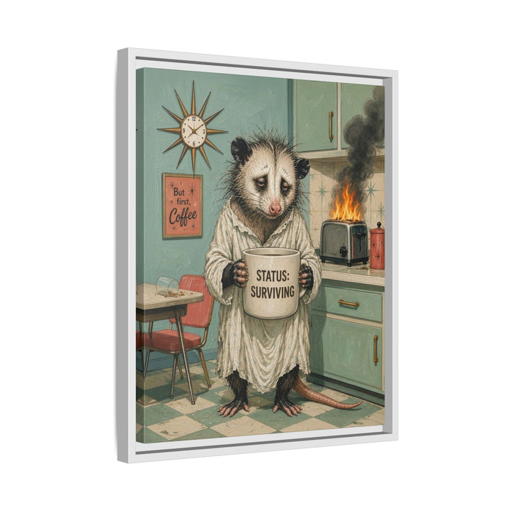 "Status Surviving" - Opossum Vertical Framed Canvas - Dark Burnout Humor Wall Art