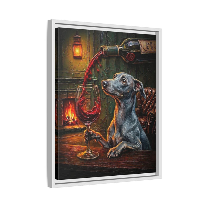 "Wine & Woof" - Italian Greyhound Vertical Framed Canvas - Dog Lover Wall Art