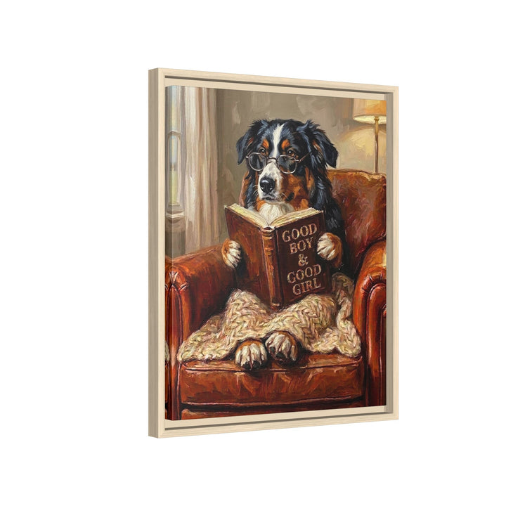 "Evening Read" - Australian Shepherd Vertical Framed Canvas - Dog Lover Wall Art