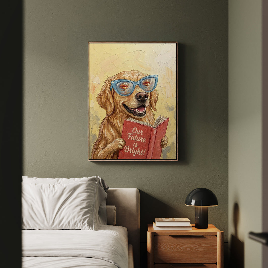 "Our Future is Bright" - Golden Retriever Vertical Framed Canvas - Animal Book Humor Wall Art