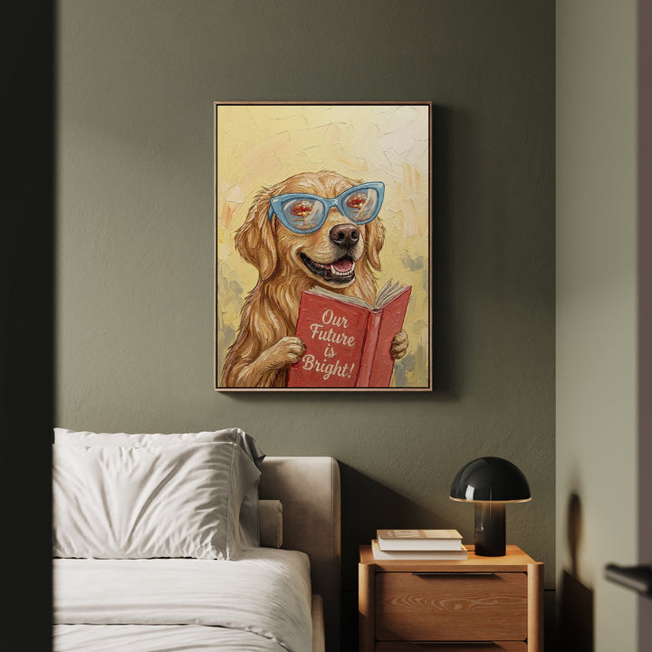 "Our Future is Bright" - Golden Retriever Vertical Framed Canvas - Animal Book Humor Wall Art