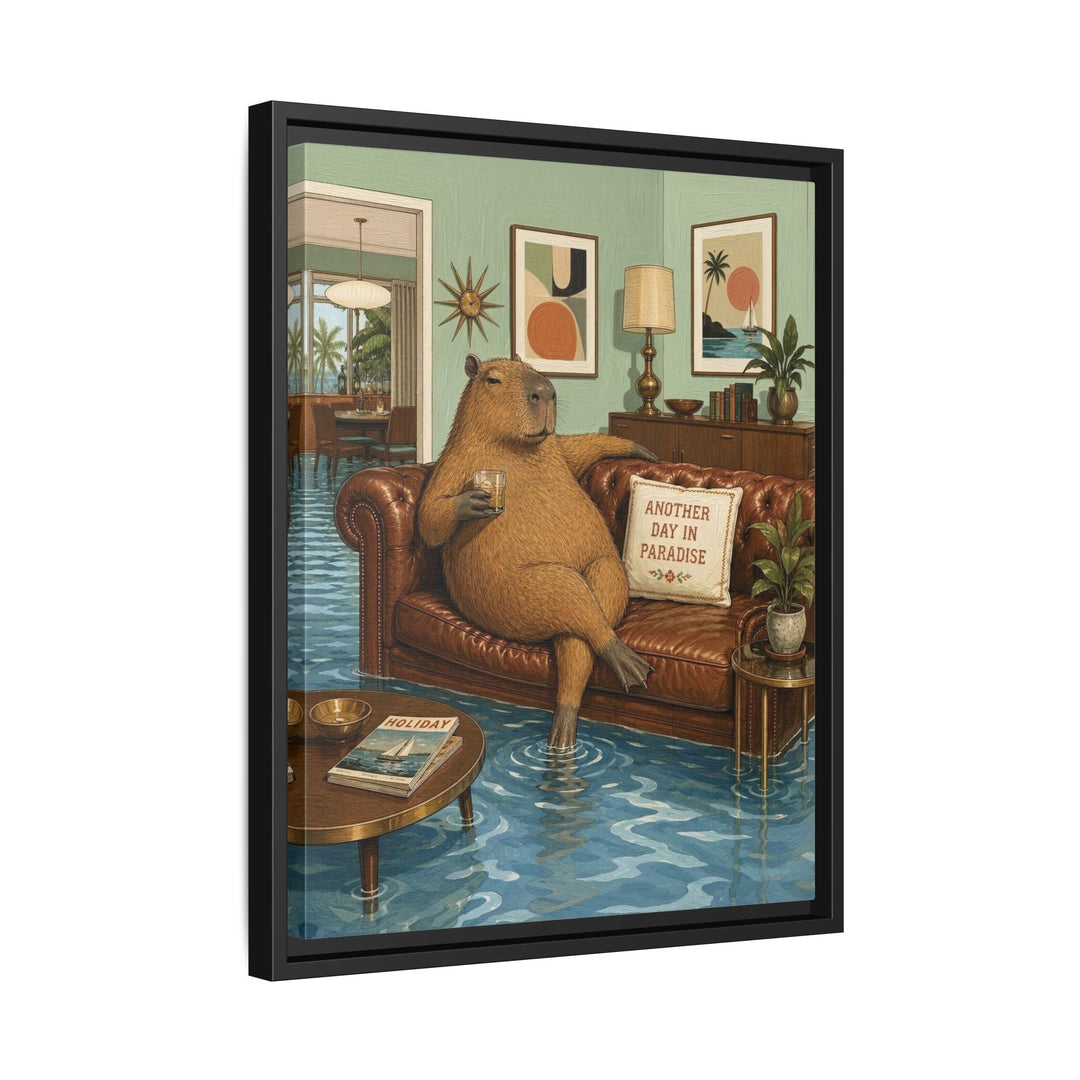 "Another Day in Paradise" - Capybara Vertical Framed Canvas - Dark Burnout Humor Wall Art
