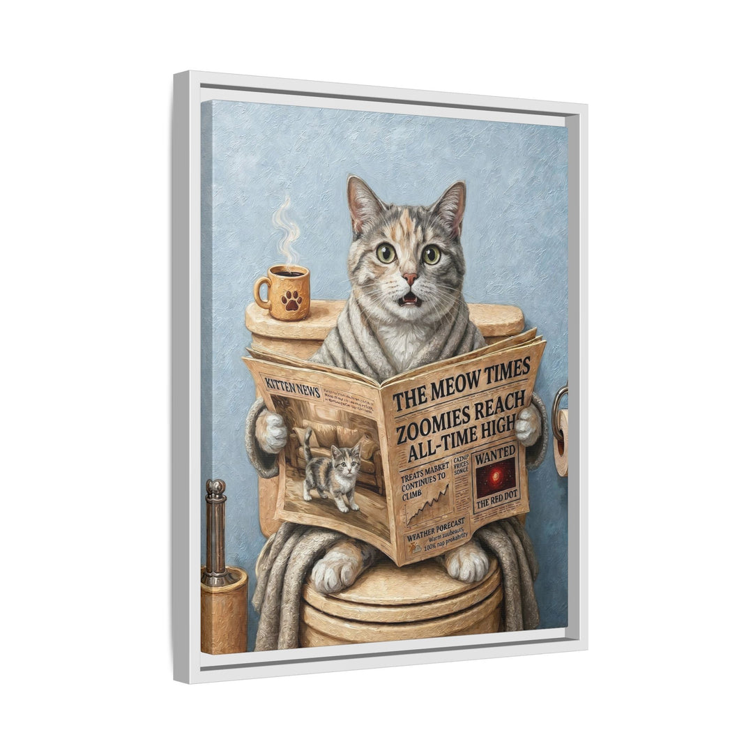 "Morning Business" - Dilute Calico Vertical Framed Canvas - Cat Lover Wall Art