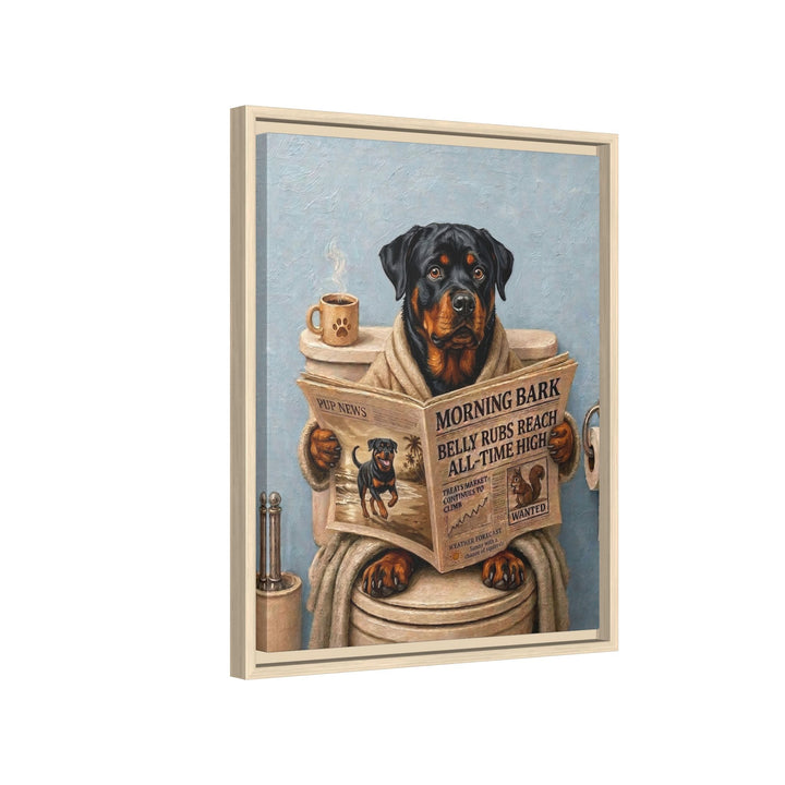 "Morning Business" - Rottweiler Vertical Framed Canvas - Dog Lover Wall Art