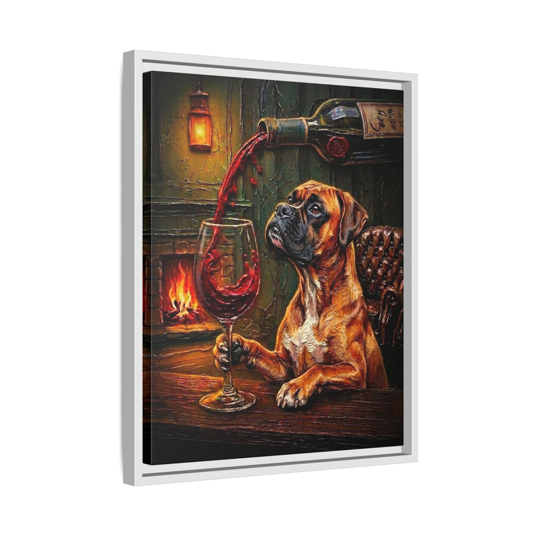 "Wine & Woof" - Boxer Vertical Framed Canvas - Dog Lover Wall Art