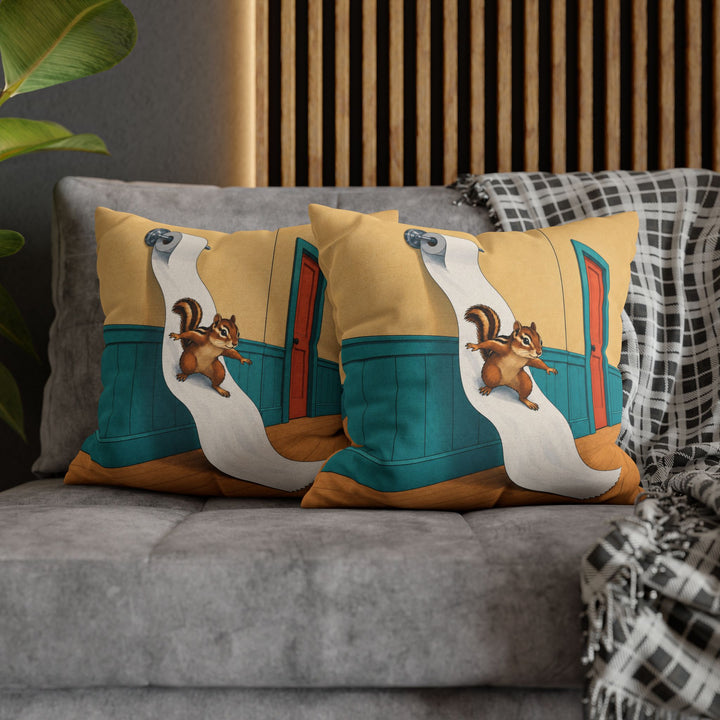 The Great Unroll – Funny Toilet Art with a Chipmunk Riding the Roll – Pillow / Cover