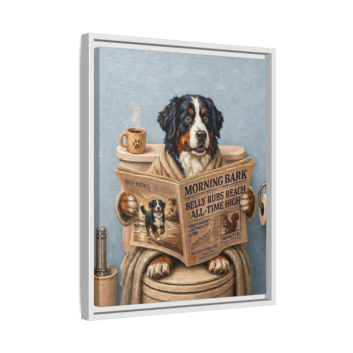 "Morning Business" - Bernese Mountain Dog Vertical Framed Canvas - Dog Lover Wall Art