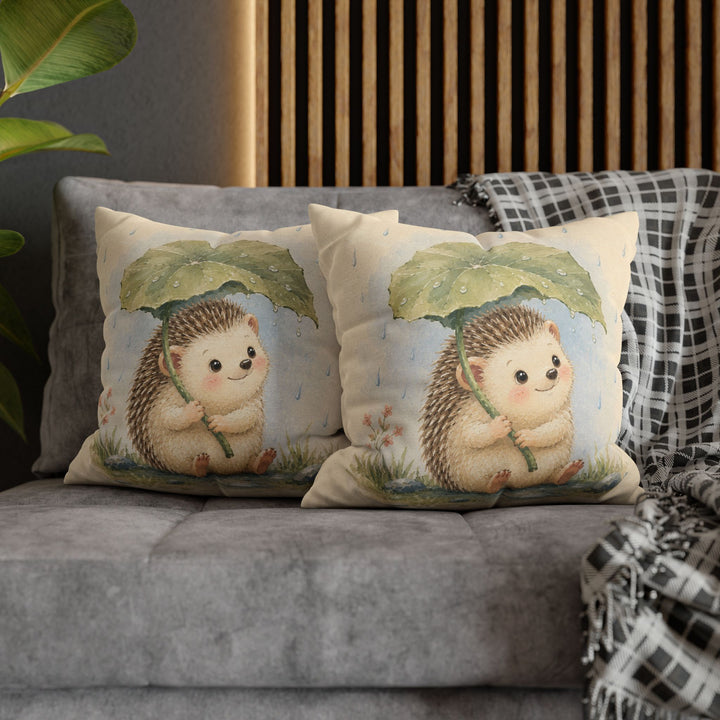 Woodland Small: Hedgehog – Woodland Nursery Art with a Leaf Umbrella in Rain – Pillow / Cover