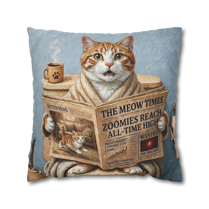 "Morning Business" - Orange & White Tabby Throw Pillow - Cat Lover Home Decor