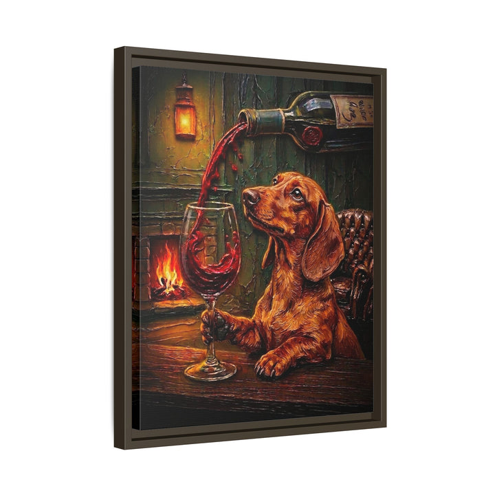 "Wine & Woof" - Dachshund Vertical Framed Canvas - Dog Lover Wall Art