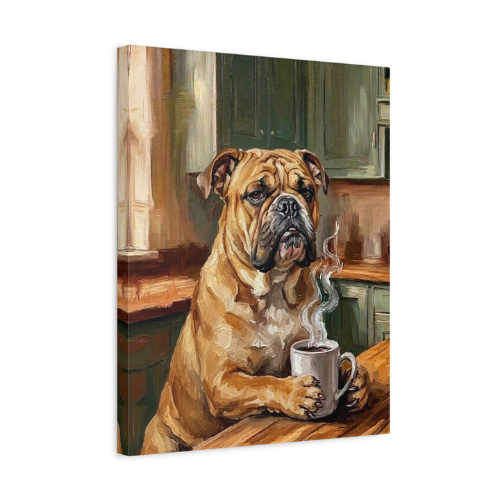 "Before Coffee" - English Bulldog Vertical Canvas - Dog Lover Wall Art