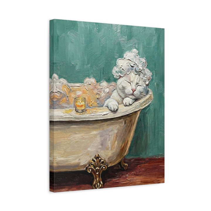 "Spa Day" - White Shorthair Vertical Canvas - Cat Lover Wall Art