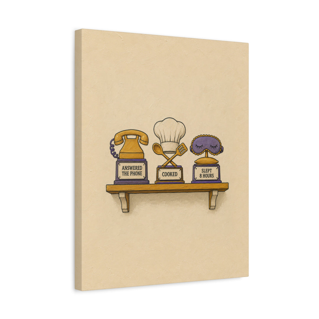 Shelf of Small Wins – Quirky Wall Art with a Trophy Rack for Real Life – Canvas / Framed Canvas
