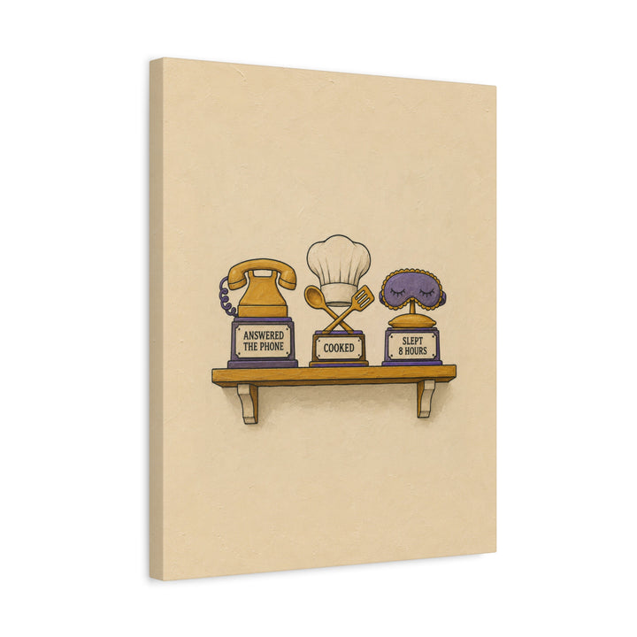 Shelf of Small Wins – Quirky Wall Art with a Trophy Rack for Real Life – Canvas / Framed Canvas