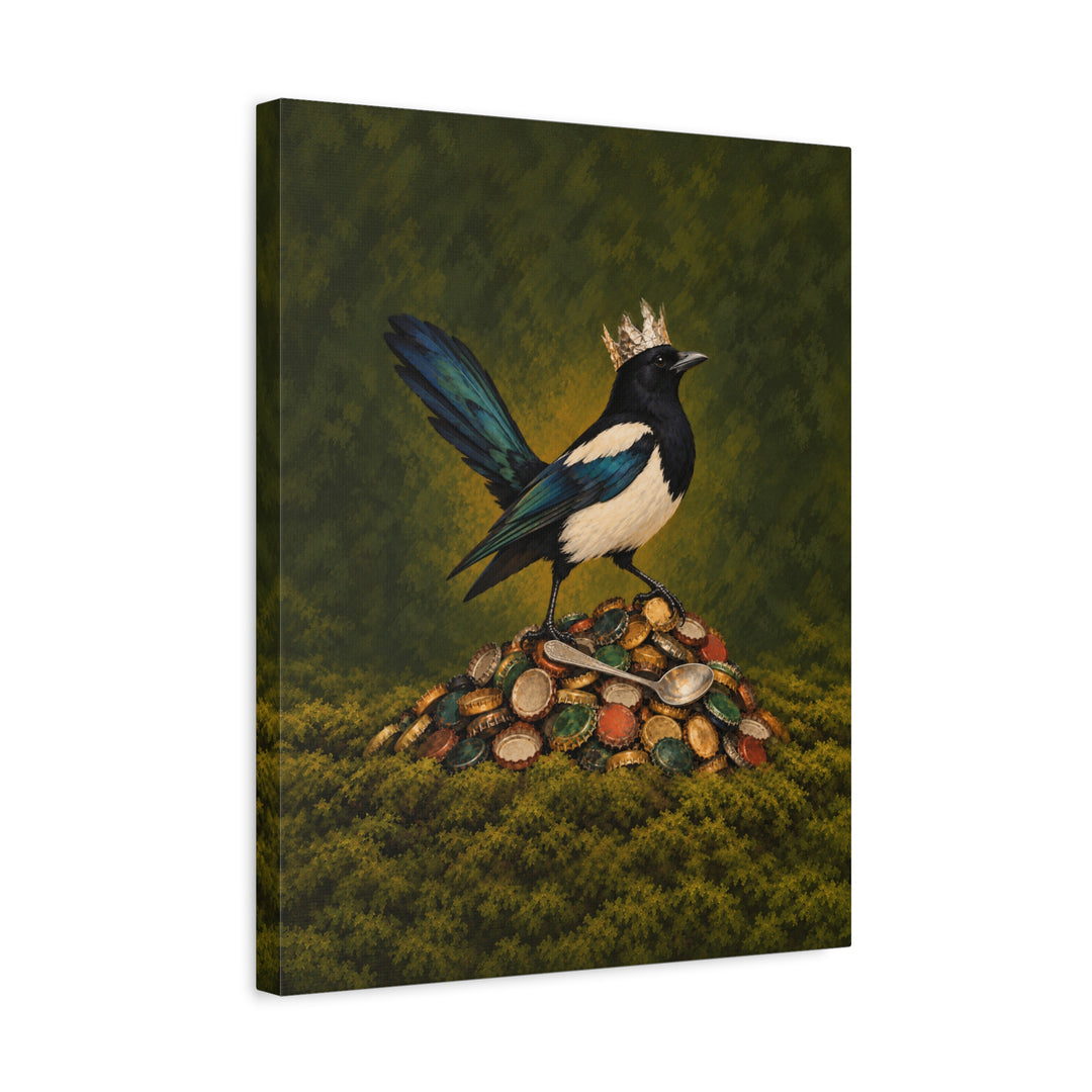 Shiny Thing Acquired – Magpie Art with a Hoard of Caps and One Gold Ring – Canvas / Framed Canvas