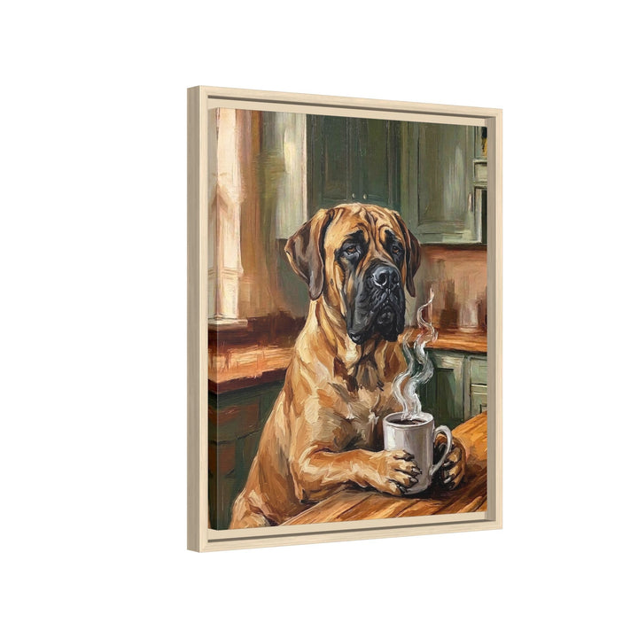 "Before Coffee" - Mastiff Vertical Framed Canvas - Dog Lover Wall Art