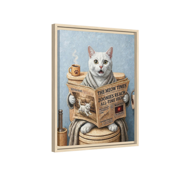 "Morning Business" - White Shorthair Vertical Framed Canvas - Cat Lover Wall Art