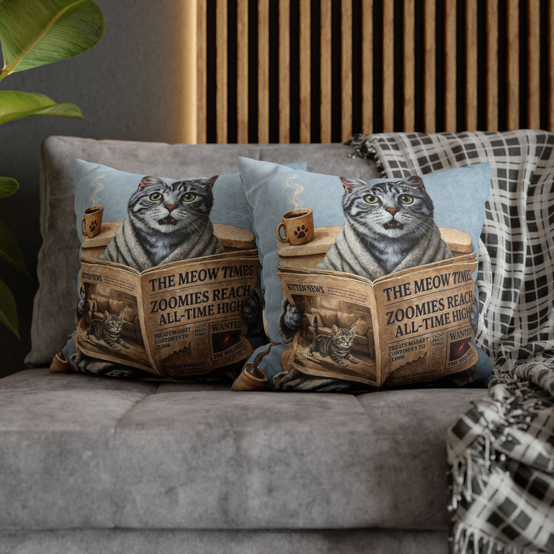 "Morning Business" - Grey Silver Tabby Throw Pillow - Cat Lover Home Decor