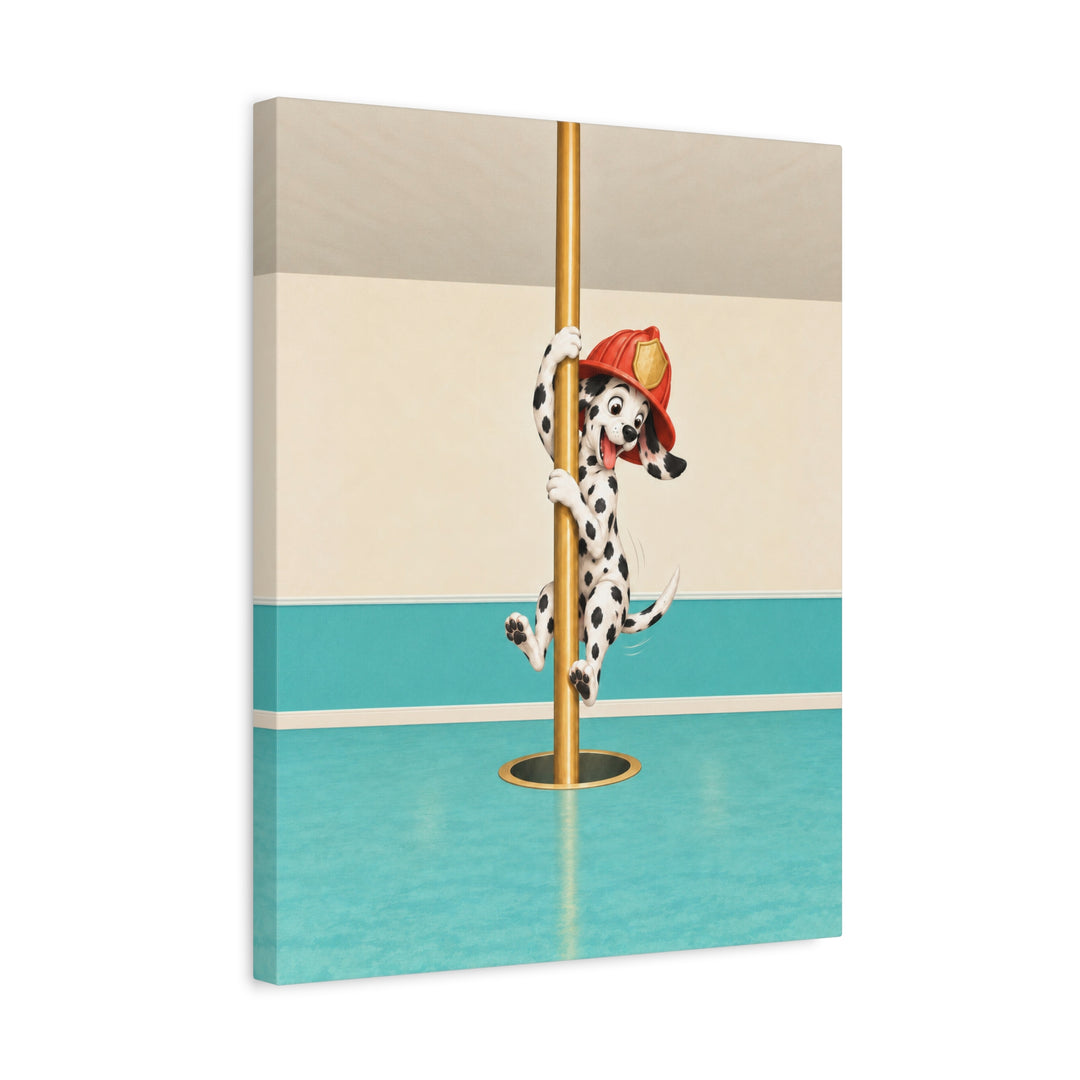 Station Dog – Firefighter Wall Art with a Dalmatian on the Pole – Canvas / Framed Canvas