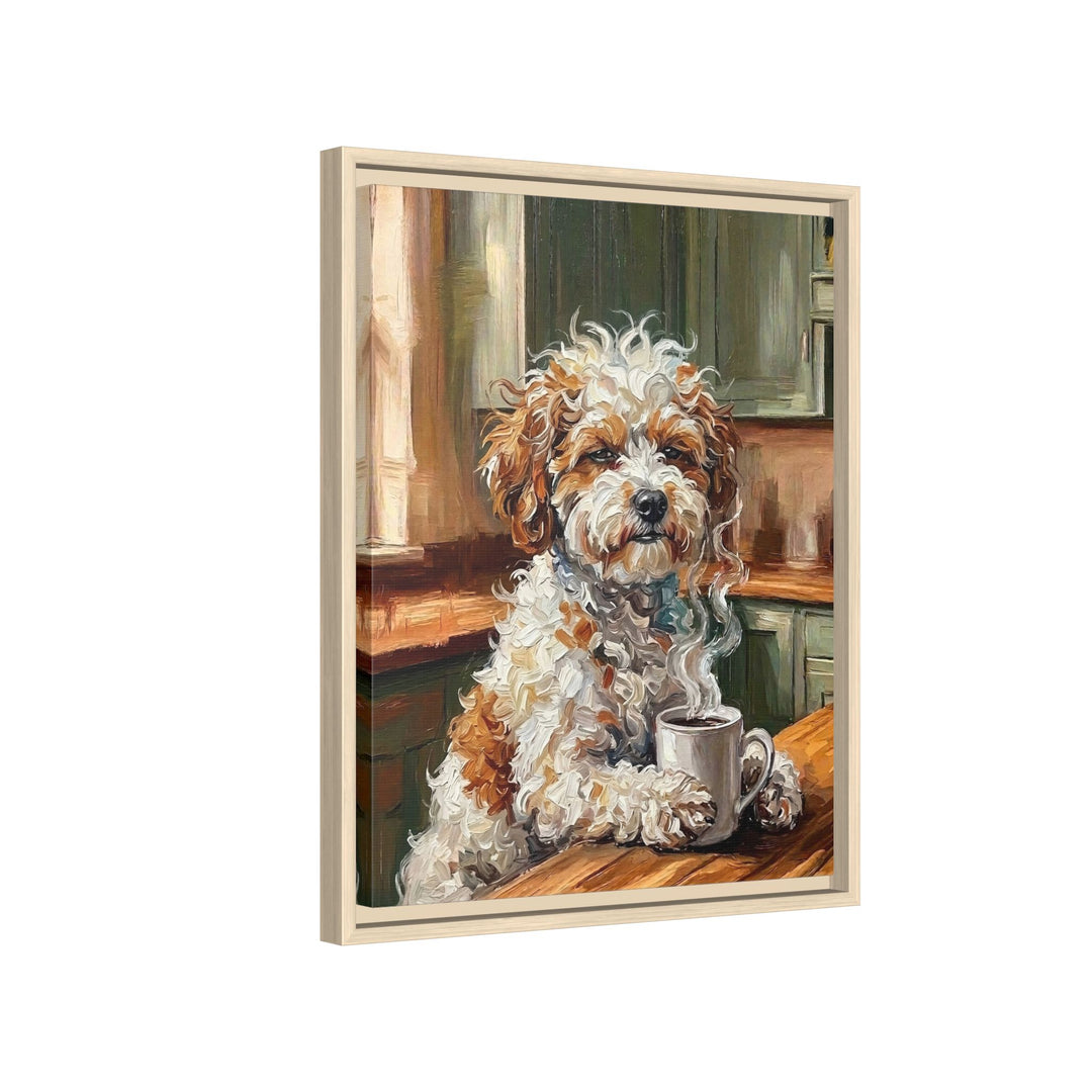"Before Coffee" - Bichon Frise Vertical Framed Canvas - Dog Lover Wall Art