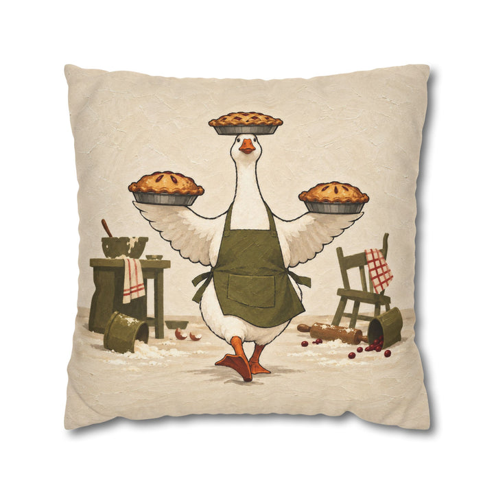 Hostess Goose – Goose Art with an Apron and Three Balanced Pies – Pillow / Cover