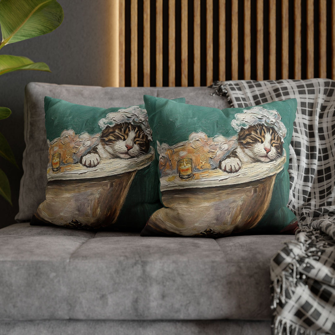 "Spa Day" - Brown Tabby & White Throw Pillow - Cat Lover Home Decor