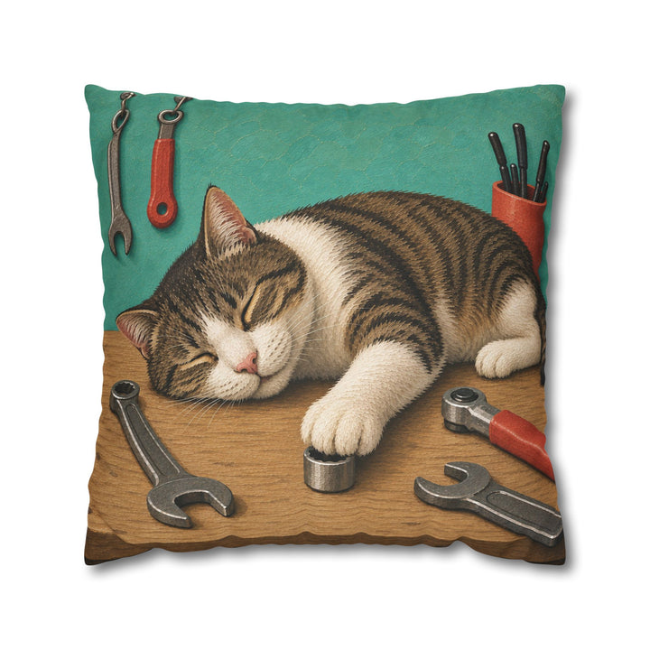 Shop Cat – Garage Wall Art with a Sleeper on the Workbench – Pillow / Cover