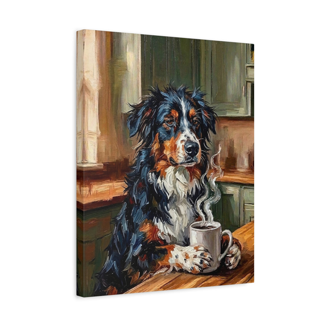 "Before Coffee" - Australian Shepherd Vertical Canvas - Dog Lover Wall Art
