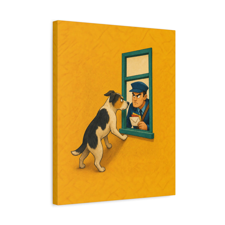Mail Patrol II – Funny Dog Art with a Window Standoff at Delivery – Canvas / Framed Canvas